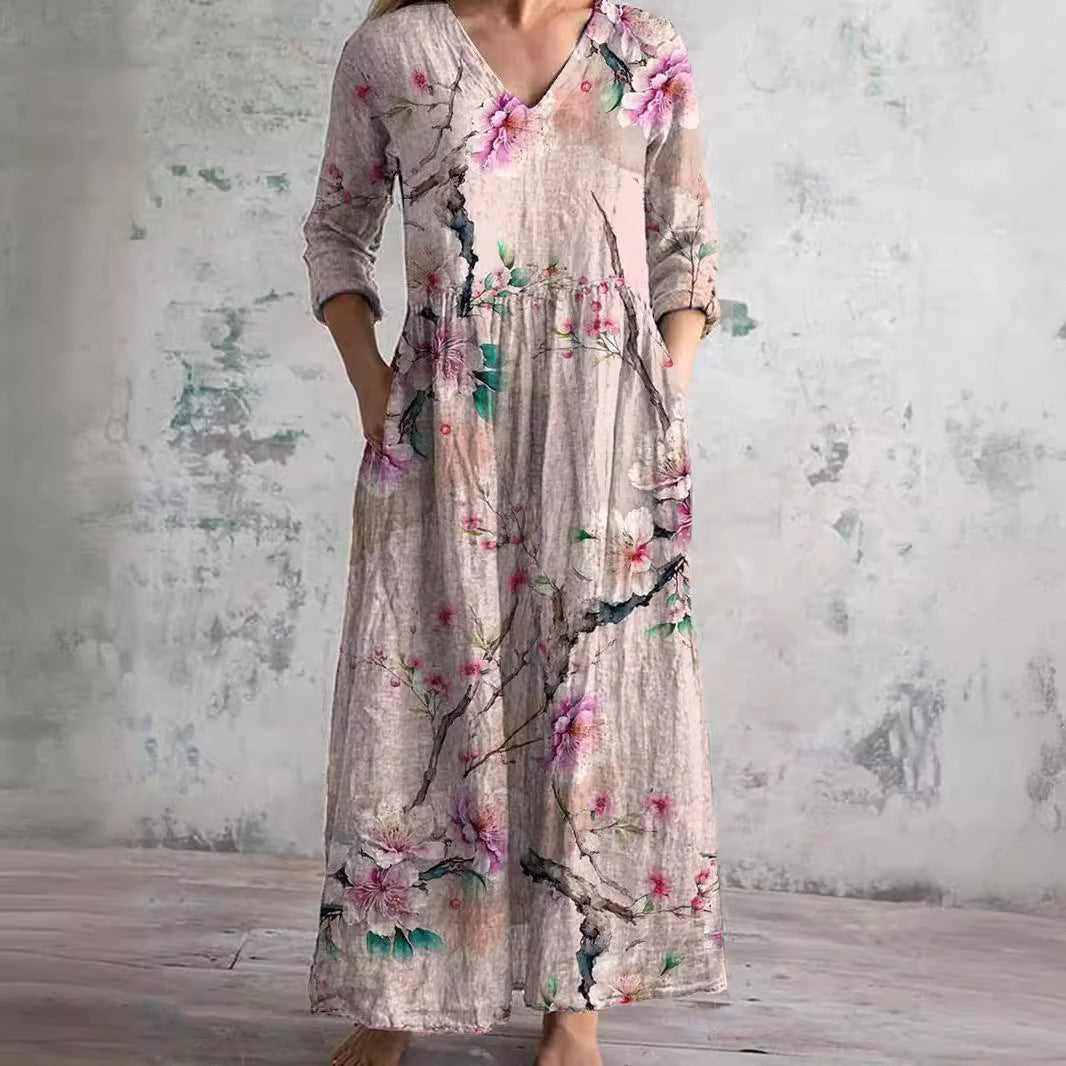 Dearyn | Summer Maxi Dress with V-Neck and Floral Pattern