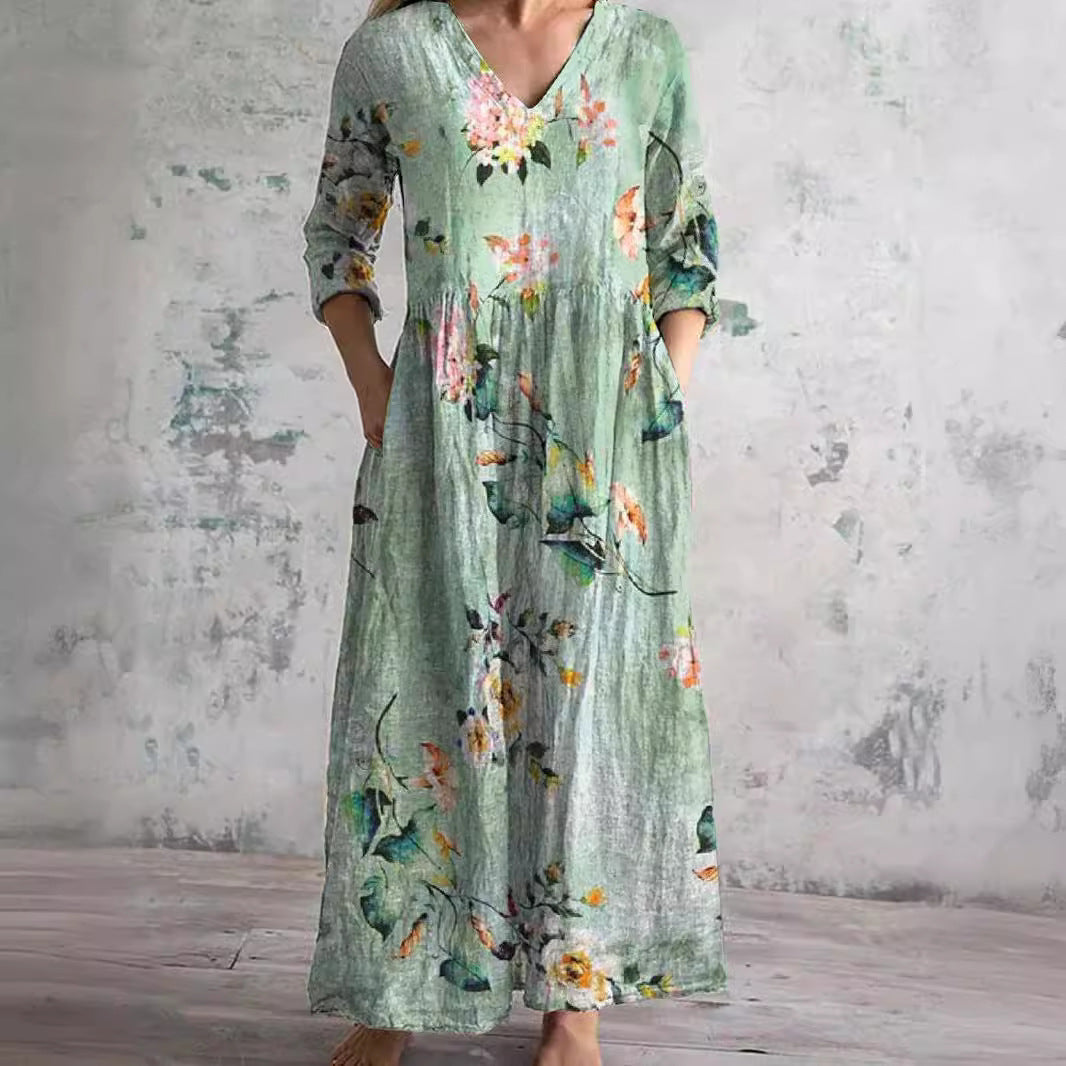 Dearyn | Summer Maxi Dress with V-Neck and Floral Pattern