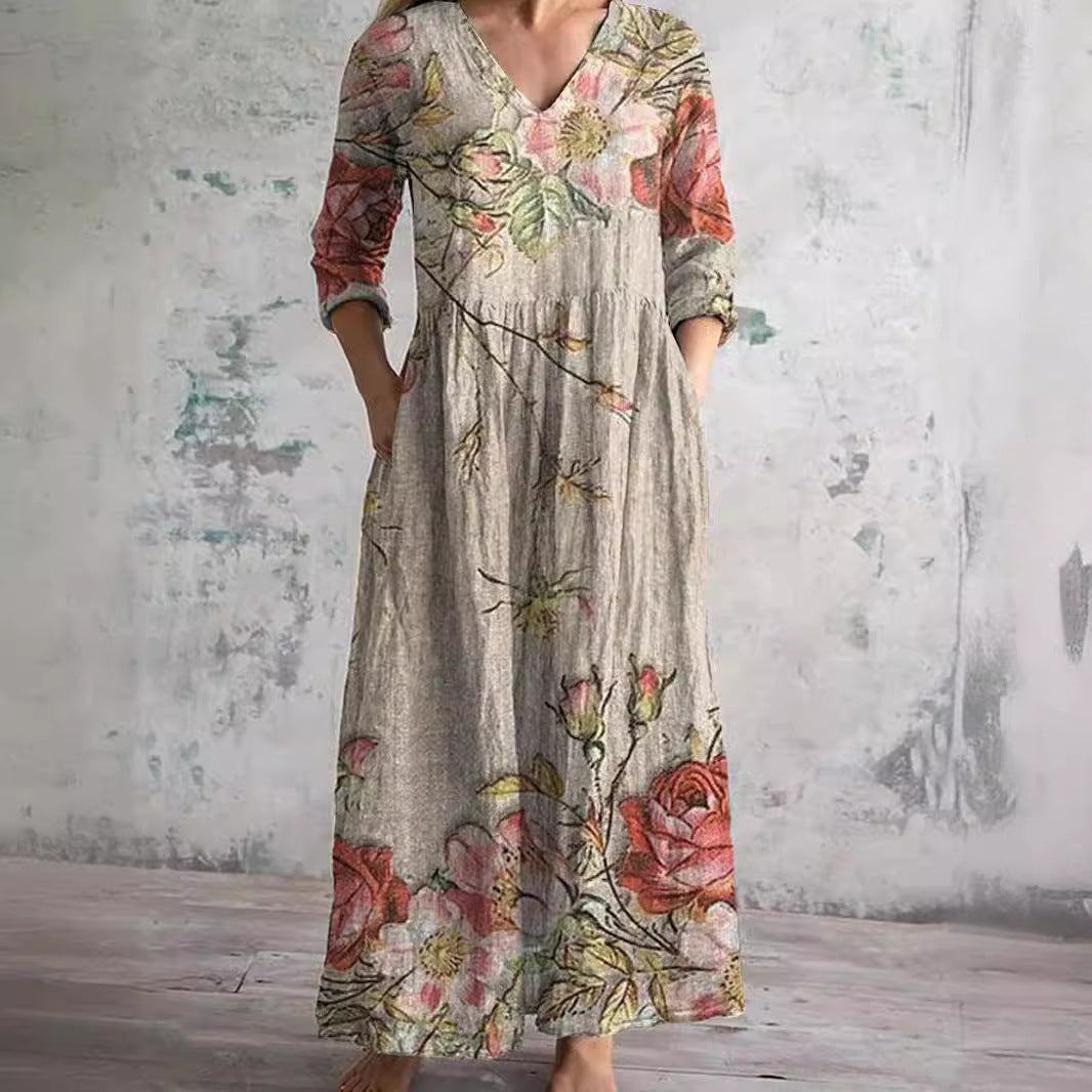 Dearyn | Summer Maxi Dress with V-Neck and Floral Pattern