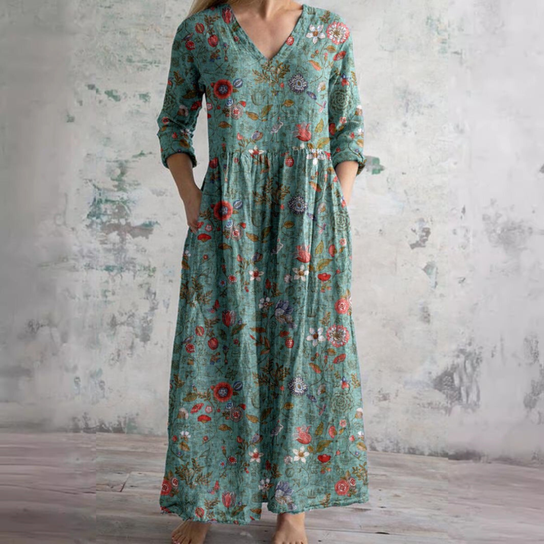 Dearyn | Summer Maxi Dress with V-Neck and Floral Pattern