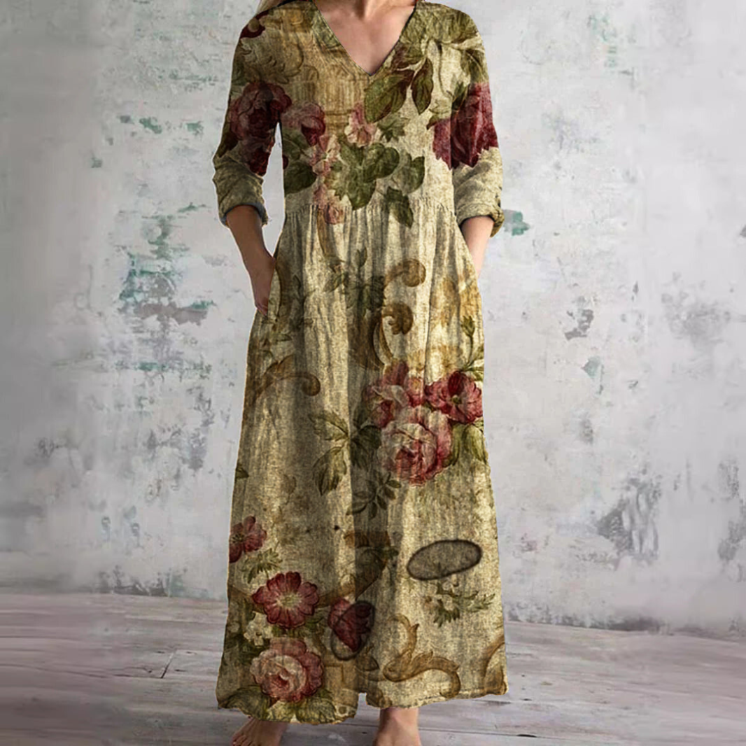 Dearyn | Summer Maxi Dress with V-Neck and Floral Pattern