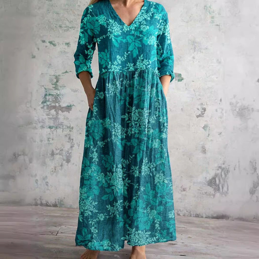 Dearyn | Summer Maxi Dress with V-Neck and Floral Pattern
