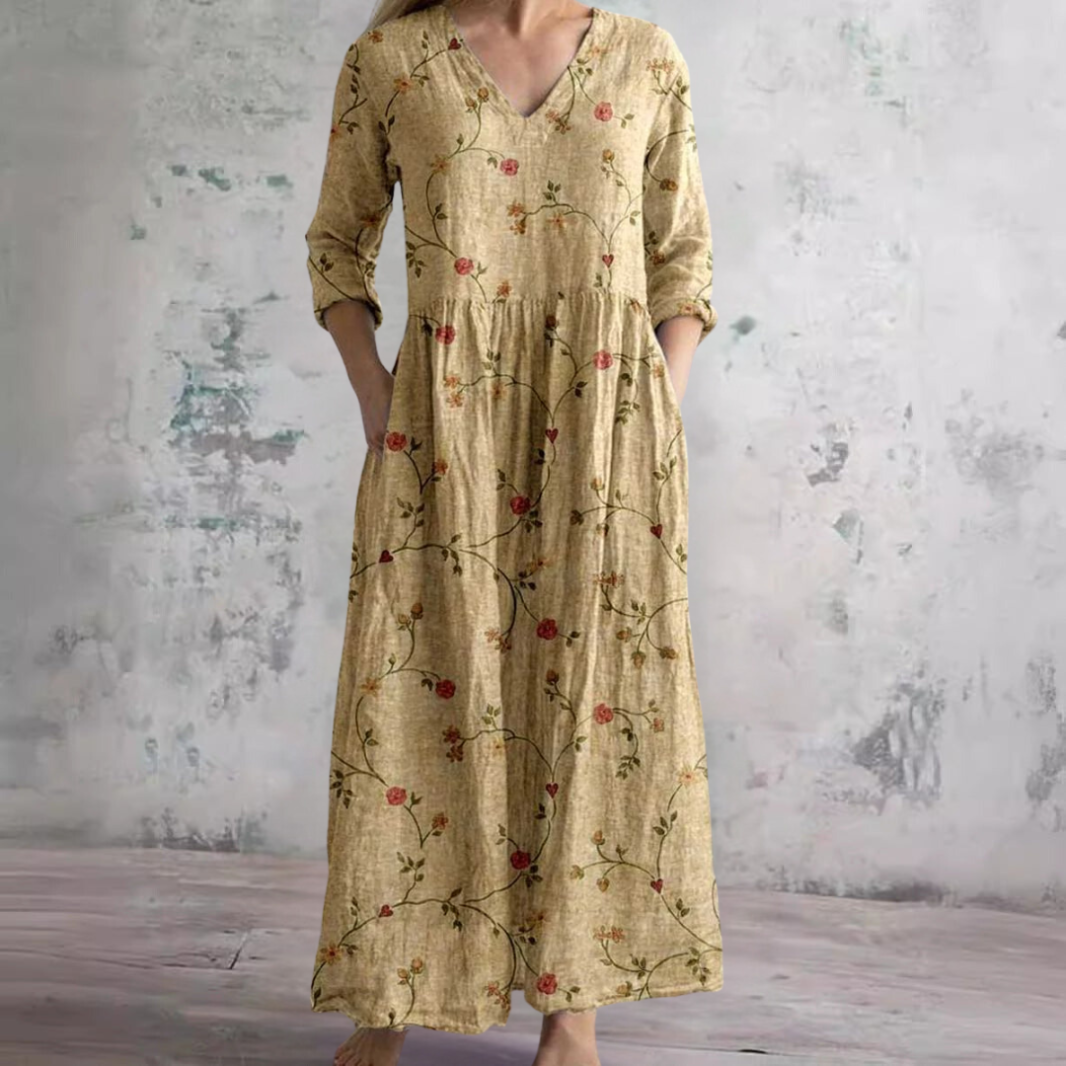 Dearyn | Summer Maxi Dress with V-Neck and Floral Pattern
