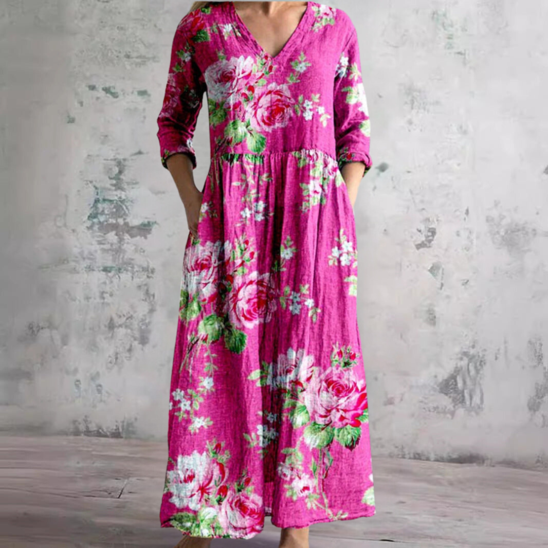 Dearyn | Summer Maxi Dress with V-Neck and Floral Pattern