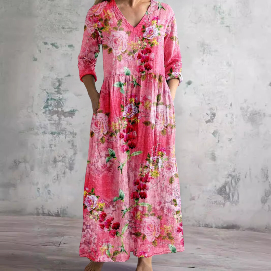 Dearyn | Summer Maxi Dress with V-Neck and Floral Pattern